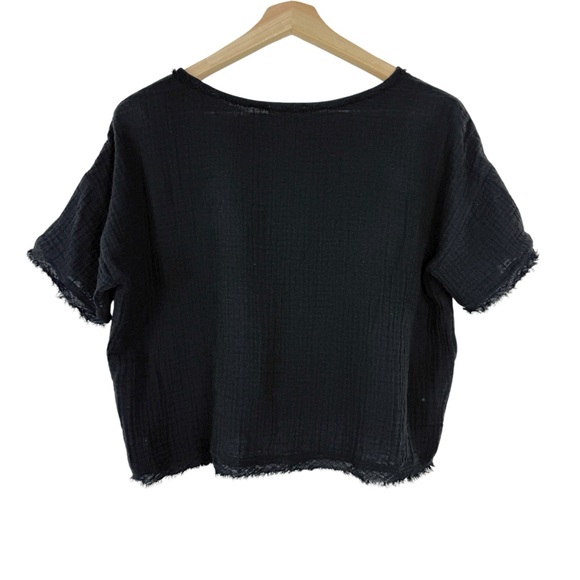 Eileen Fisher Organic Cotton Gauze Boxy Top Black Small Lagenlook Fringe Hem - Picture 4 of 6